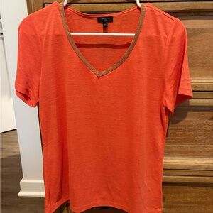 Talbots Coral-Orange V-Neck Short Sleeve Top with Metallic Trim Size Pet Medium
